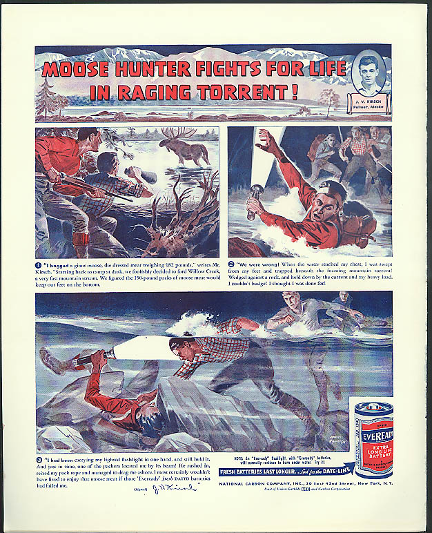 Image for Moose hunter fights for life raging torrent! Eveready Flashlight Battery ad 1939